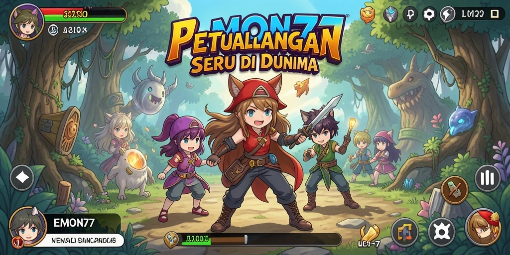 Tampilan gameplay seru dari EMON77 yang menampilkan karakter anime favorit.