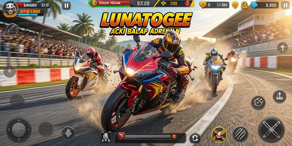 Screeshot menampilkan balapan motor yang mendebarkan dalam LUNATOGEL.