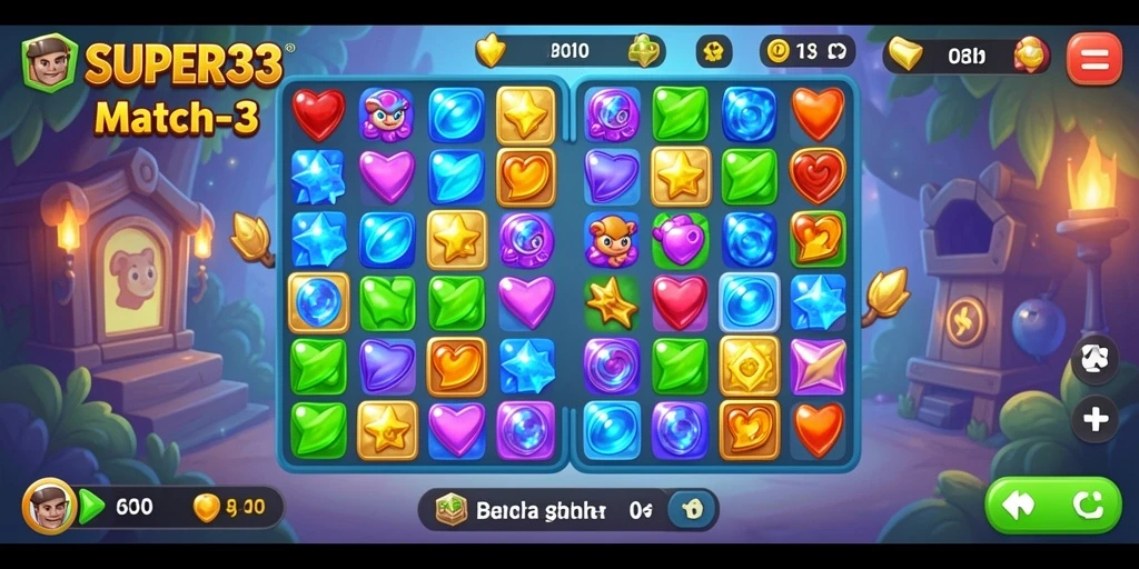 Screenshot gameplay SUPER33 menampilkan aksi mencocokkan batu warna-warni.